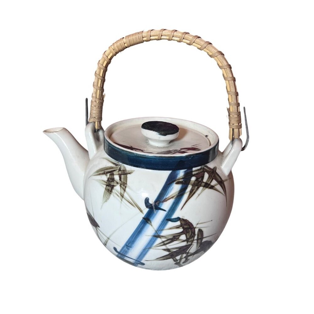 Vintage Japanese Ceramic Teapot With Bamboo Handle & Painted Bamboo Design